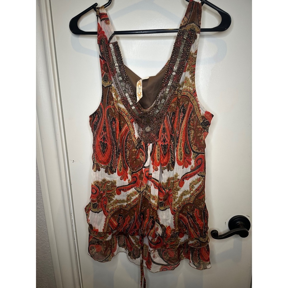 Adiva Paisley Beaded Sequin V-Neck Tank Top Brown Orange Red Boho Large